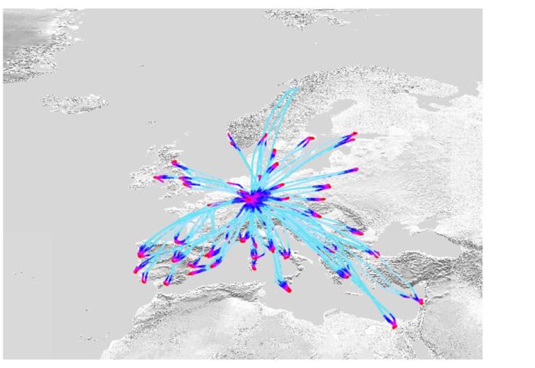 Map of Europe with blue and pink lines radiating from a central point, indicating routes or connections across multiple countries.