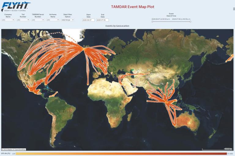 A world map showing orange flight path lines concentrated over North America, Europe, and Australia, labeled "TAMDAR Event Map Plot" from the Flyht data system.