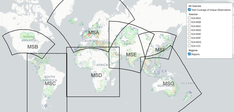 World map showing regional divisions labeled MSA, MSB, MSC, MSD, MSE, MSF, MSG, with colored dots indicating observation coverage; a legend on the right lists region codes and sources.