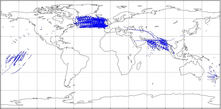 World map with blue dots clustered primarily over the southeastern United States, the western Pacific, and the Indian Ocean, indicating event locations or data points.