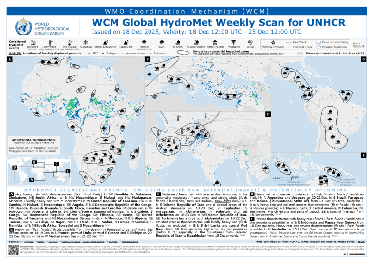 A world map showing weather symbols, water-related hazards, and risk areas from December 18 to 25, 2025, for refugee-related monitoring by the World Meteorological Organization.