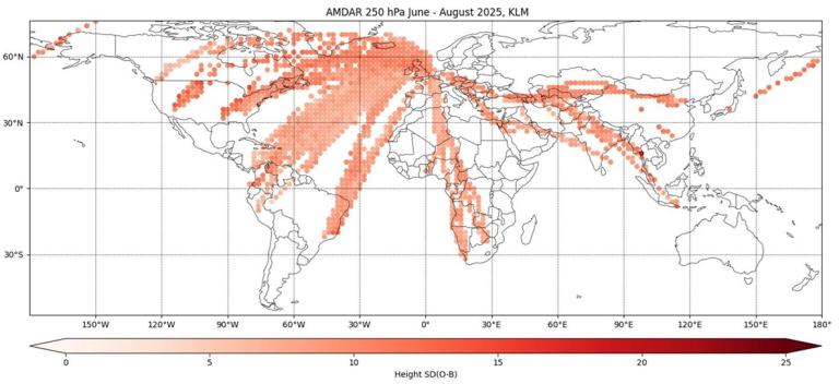 World map showing AMDAR 250 hPa data coverage from June to August 2025, with denser data points over flight paths and a color scale indicating height in SVO (dB).