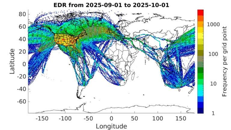 World map showing frequency per grid point of EDR from September 1, 2025, to October 1, 2025, with highest concentrations over the central United States, indicated by a color scale.