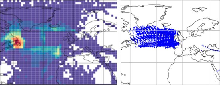 Two world maps showing data: left map displays a heatmap across North America and Europe, while right map shows dense blue data points between eastern North America and Europe.