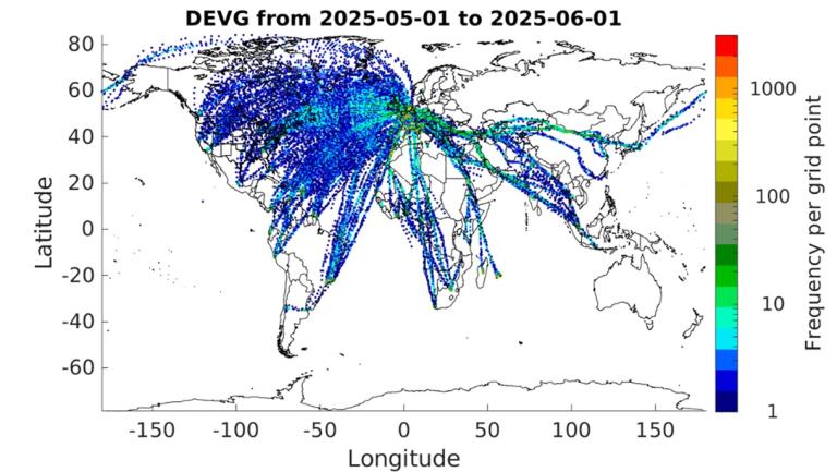 World map showing trajectory frequencies in blue to yellow lines, ranging from 1 to 1000 per grid point, for the period 2025-05-01 to 2025-06-01.