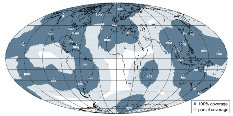 A world map in Mollweide projection shows regions with 100% and partial satellite coverage, labeled with location codes for coverage areas.