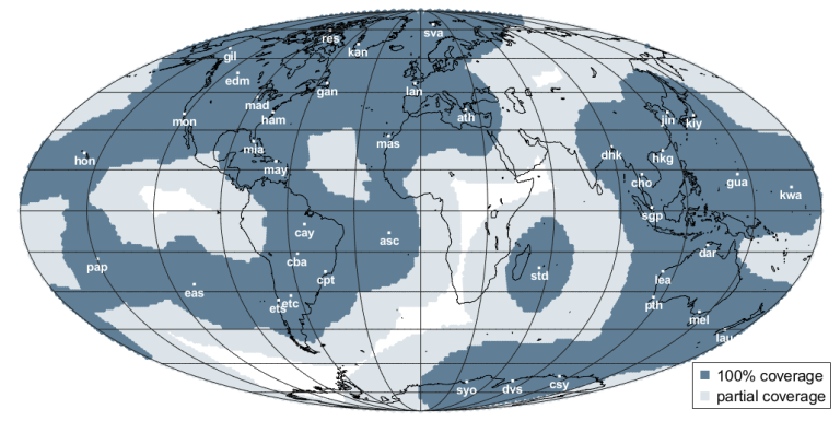 World map showing areas of 100% and partial satellite coverage; dark gray indicates full coverage, light gray shows partial, with codes marking specific regions.