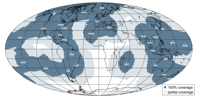 World map showing regions with 100% and partial coverage, marked by codes and shaded areas, with a legend indicating coverage levels.