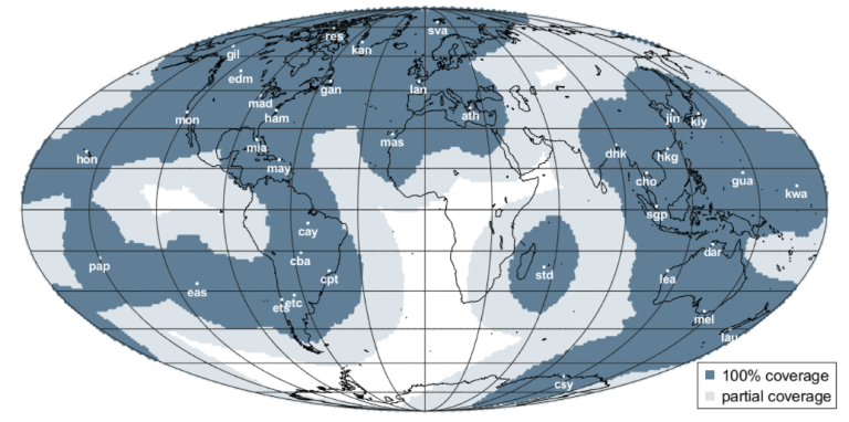 World map showing satellite coverage regions, with darker areas indicating 100% coverage and lighter areas indicating partial coverage; region codes are labeled across the map.