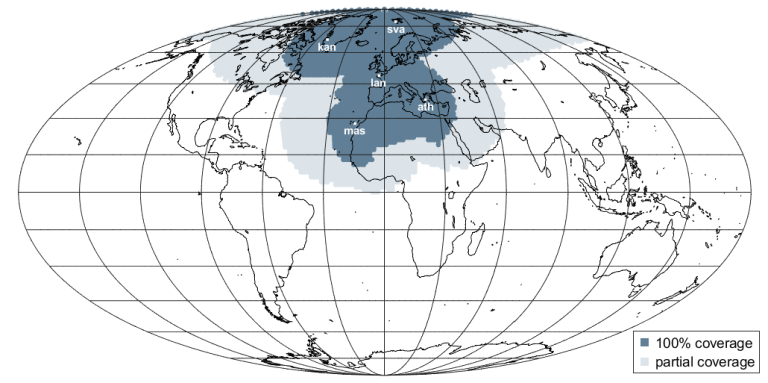 A world map showing regions with 100% and partial coverage over Europe and parts of Asia and Africa, with labeled areas: kan, lan, mas, sva, and athn.