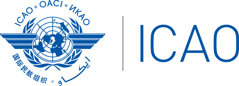ICAO logo featuring a world map with wings and olive branches, multiple language acronyms, and "ICAO" in large blue text on the right.