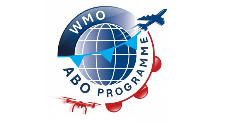 Logo for the WMO ABO Programme featuring a globe, an airplane, blue flags, red circles, and a red drone in the lower left corner.