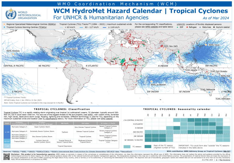 World map showing tropical cyclone tracks (1950–2023), historical landfall points, cyclone classifications, and a seasonality calendar, for humanitarian agencies as of March 2024.
