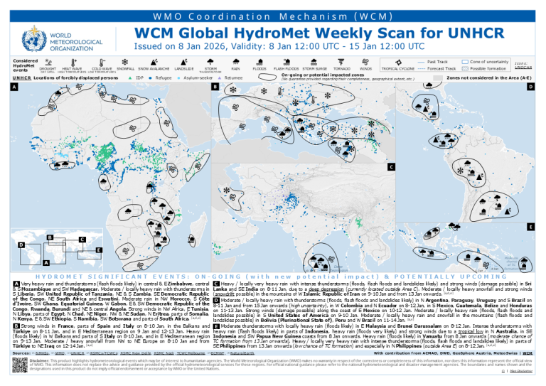 World map showing HydroMet events with icons and regions highlighted; includes legends and text on significant ongoing and potential meteorological events from 8–15 January 2026.
