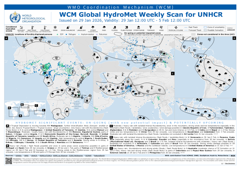 Map showing global weather events from 29 Jan to 5 Feb 2026, highlighting rainfall, storms, and other hydrometeorological hazards in Africa, Asia, and the Middle East for UNHCR planning.
