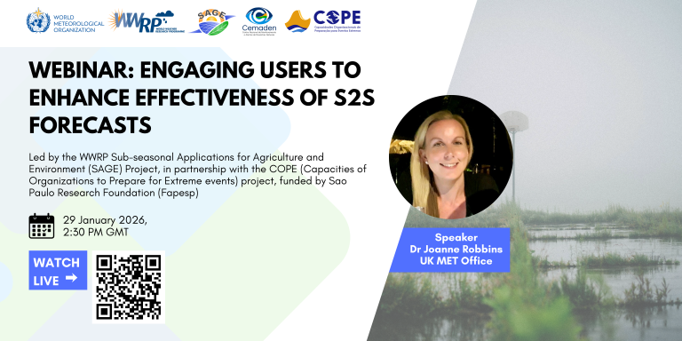 Webinar flyer for S2S forecasts featuring speaker Dr. Joanne Robbins from UK MET Office, scheduled for 29 January 2026 at 2:30 PM CET, with a QR code and “Watch Live” button.