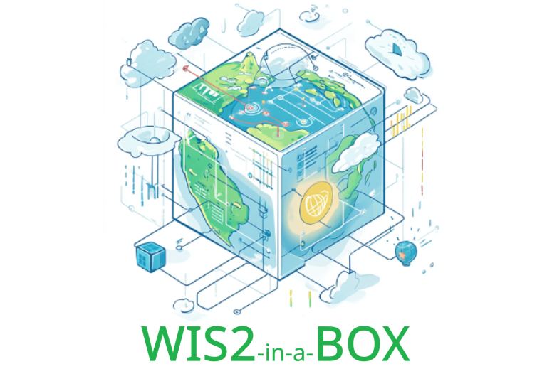 A transparent cube displaying a stylized Earth with terrain, water, and clouds; digital data elements and icons surround the cube. Text below reads "WIS2-in-a-BOX.