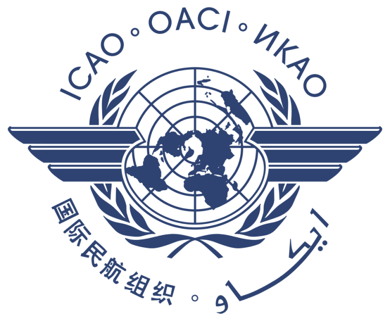 Logo of the International Civil Aviation Organization (ICAO) featuring a globe, wings, olive branches, and the organization's name in multiple languages.