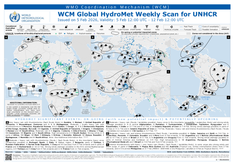 A world map showing weather-related humanitarian events and potential hazards, with icons marking affected areas in Africa, the Middle East, Asia, and the Americas, as of February 2026.