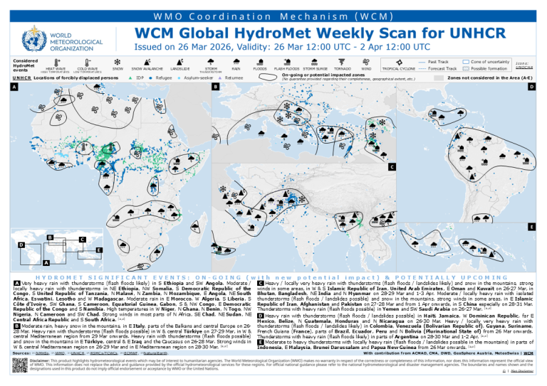Map showing global weather alerts for UNHCR from 26 March to 2 April 2026, highlighting areas with hydrometeorological risks and notable events across Africa, Asia, and Central America.