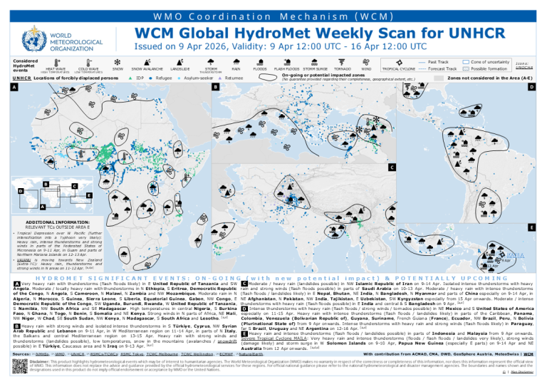 World map panels show detected floods, droughts, cyclones, and severe weather events across regions, with symbols marking affected areas and a legend explaining icons. Issued 9 April 2026.