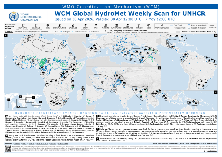 Map displaying weekly hydrometeorological threats and events in Africa and the Middle East regions, highlighting floods, droughts, and storms from 30 April to 7 May 2026.