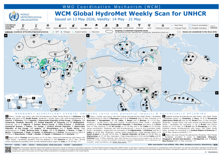 WMO map showing global hydrometeorological events affecting refugee sites from 14-21 May 2026, with symbols marking rainfall, floods, droughts, temperatures, winds, and alerts in various regions.