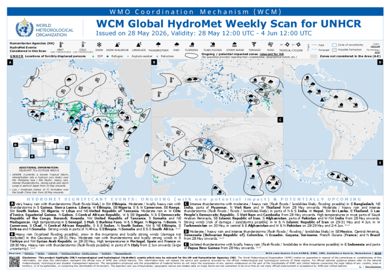 A world map displaying hydrometeorological risks, significant events, and humanitarian needs for the week of May 28 to June 4, 2026, with regional insets and informational text.