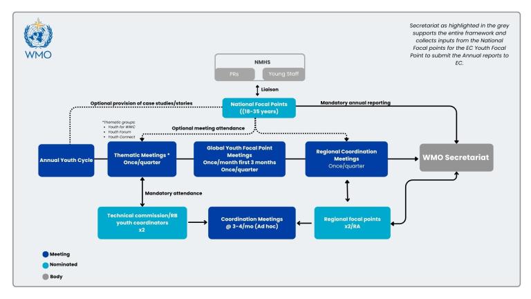 Flowchart showing the reporting structure between the Annual Youth Cycle, Global Youth Focal Points, Regional Coordination Meetings, and the WMO Secretariat, with color-coded meeting types.