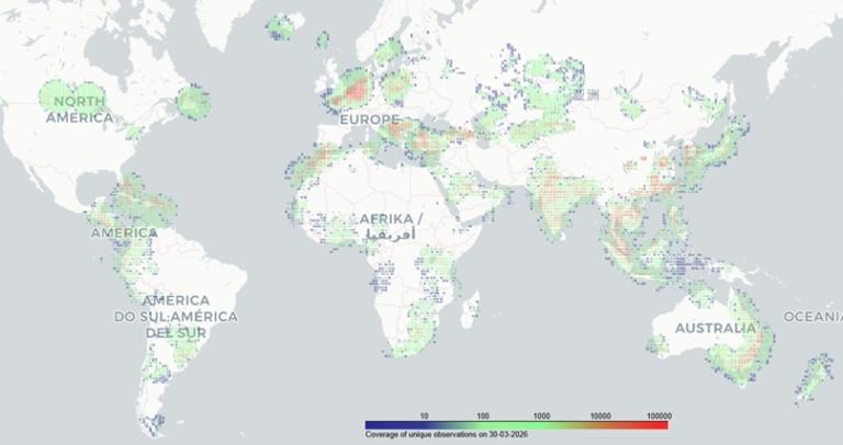 World map showing coverage of unique observations as of March 31, 2016, with color gradients indicating density from low (purple) to high (red) across continents.