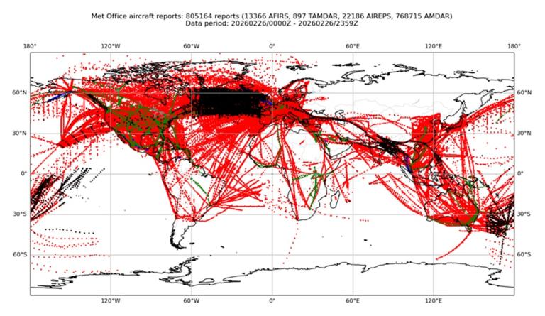 Map showing global flight paths as red and black lines, representing aircraft reports collected by the Met Office between June 26 and 27, 2022.