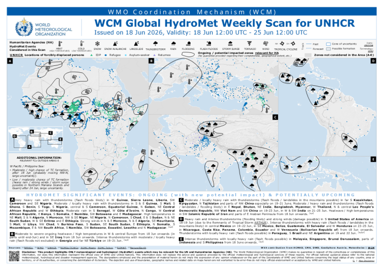 Map showing significant hydrometeorological events in Africa, the Middle East, and Asia for June 18–25, 2026, with marked areas of ongoing and potential weather-related impacts.