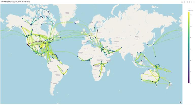 World map visualizing flight routes with color-coded lines and dots, showing traffic density between major global cities, concentrated in North America, Europe, and Southeast Asia.