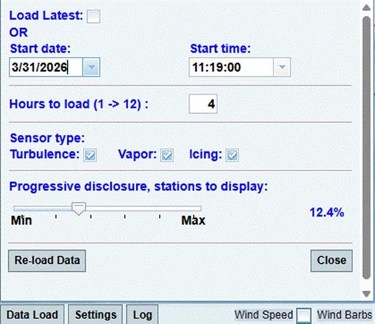 Computer interface showing weather data input fields, including start date, start time, hours to load, sensor type checkboxes, and a slider set to 12.4%.