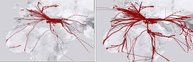 Two grayscale maps of Europe, North Africa, and the Middle East show red dashed lines representing migration routes originating from southern Europe.