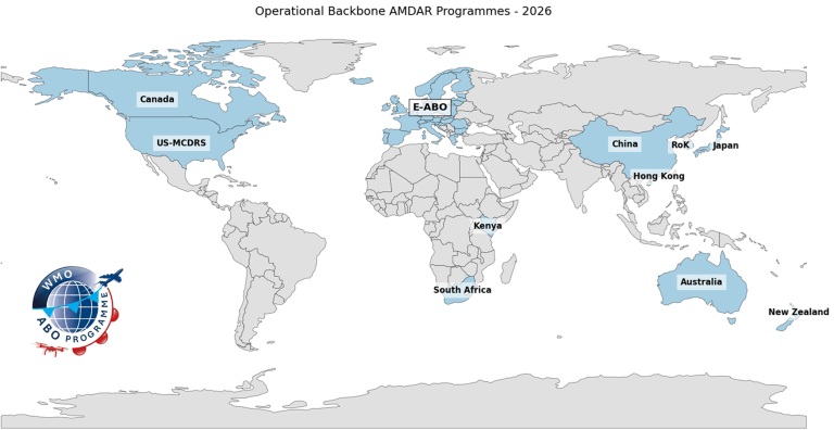 World map highlighting countries with operational backbone AMDAR programs in 2026, including Canada, US, Europe, China, South Korea, Japan, Hong Kong, Kenya, South Africa, Australia, and New Zealand.