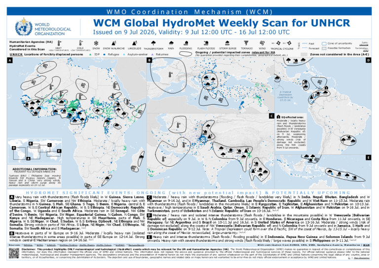 World map showing areas with ongoing or potential hydrological or meteorological events, including floods, droughts, and storms, marked with icons and shaded regions for a weekly humanitarian risk scan.