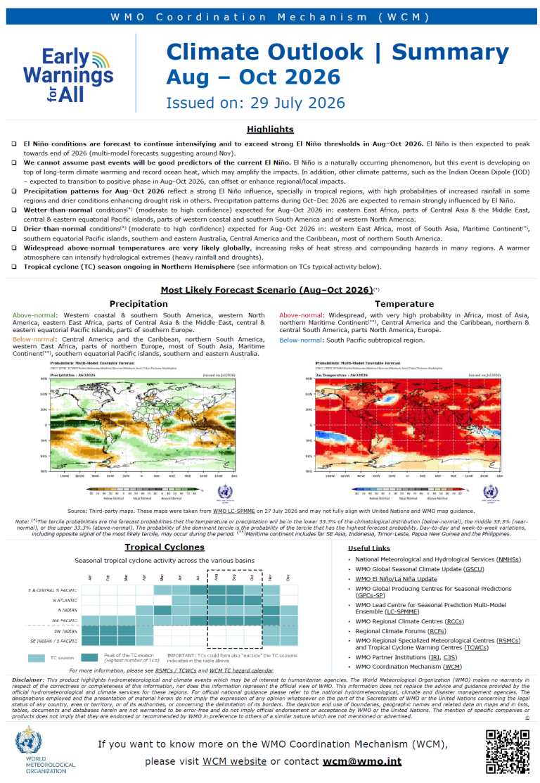 Climate outlook summary for Aug–Oct 2026 showing global maps of precipitation, temperature, and cyclones, with text highlights and El Niño forecasts from the WMO Coordination Mechanism.