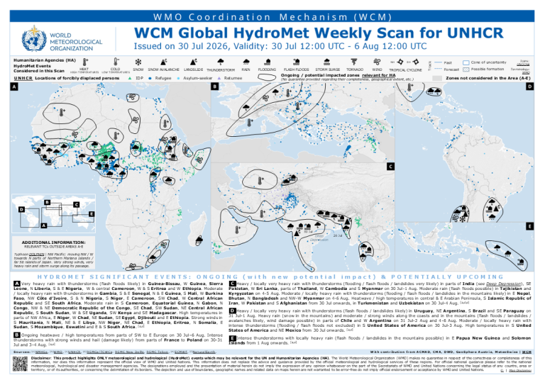 Map showing global weather hazards and significant events for July 30–August 6, 2026, including rainfall, drought, heatwaves, floods, and tropical cyclones affecting multiple regions.