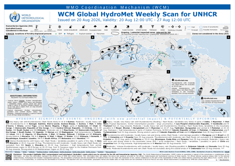 World map showing regions with ongoing or potential hydrometeorological hazards, icons indicating event types, and color-coded impact levels for 20–27 August 2026.