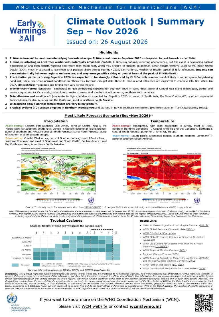 Climate outlook summary for Sep–Nov 2026 with maps, charts, and text on precipitation, temperature trends, key highlights, and probable climate scenarios, issued by the WMO Coordination Mechanism.