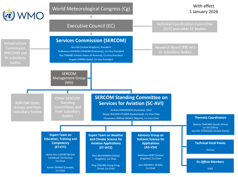 Flowchart depicting the structure of the WMO Services Commission and its Standing Committee for Aviation, with management groups, expert teams, advisory groups, and roles listed as of January 2026.