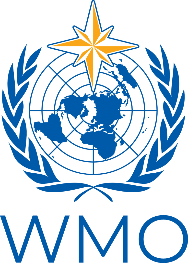 World Meteorological Organization logo: a blue world map on a grid, flanked by olive branches, with a yellow star above and “WMO” written below.