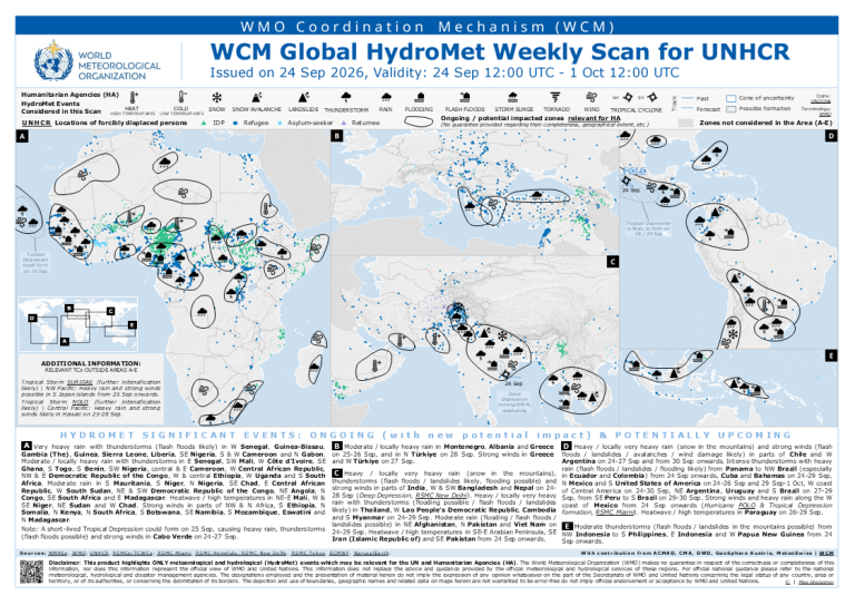 Hydromet scan map shows global flood, cyclone, and landslide risks affecting humanitarian operations across Africa, Asia, and the Middle East, with symbols indicating severity, status, and potential impact.
