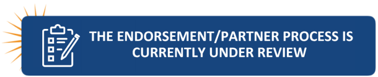 Blue banner with a clipboard icon and text stating, “The endorsement/partner process is currently under review.”.