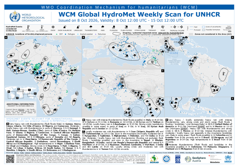 World map showing global hydrometeorological hazards and humanitarian impact zones for October 8–15, 2026, with an explanatory legend and regional event summaries.