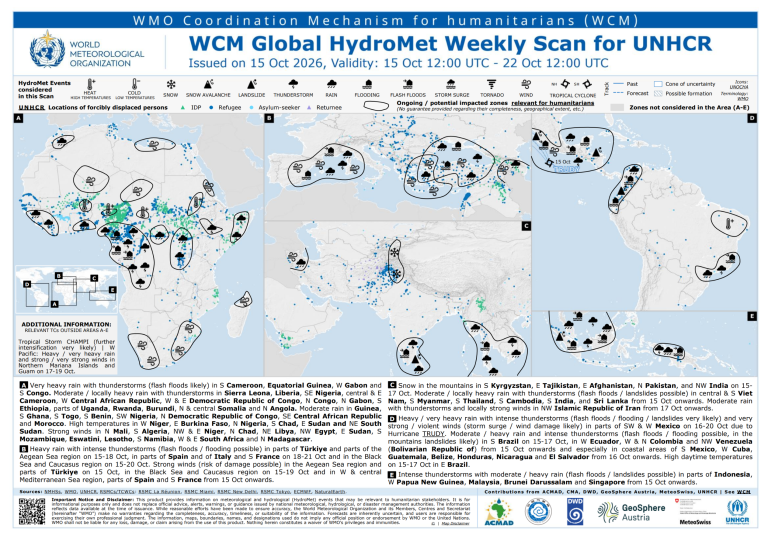 WMO global weather hazard map for October 15–22, 2026, showing areas at risk of flooding, storms, and tropical cyclones, with detailed explanatory text for specific regions.