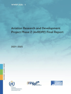 Cover page of the "Aviation Research and Development Project Phase 2 Final Report 2021–2025" by the World Meteorological Organization, featuring logos and a sky background.