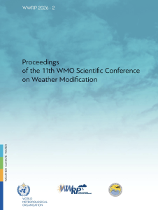 Cover page of the 11th WMO Scientific Conference on Weather Modification proceedings, featuring logos and a blue sky background.