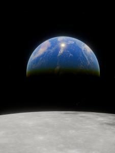 View of Earth rising above the lunar surface, showing blue oceans, white clouds, and landmasses, with the blackness of space in the background.